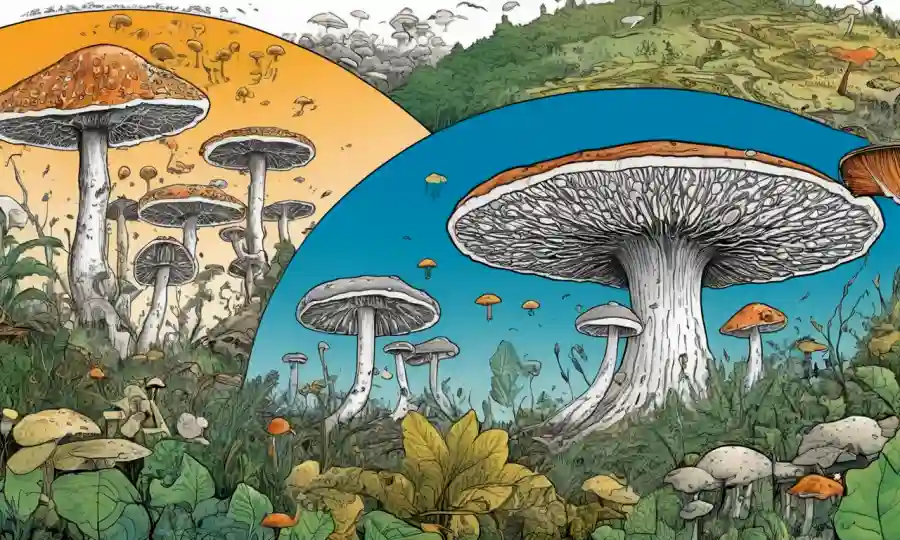 Imagen científica de hongos y gráficos ambientales fusionados con ecosistemas.