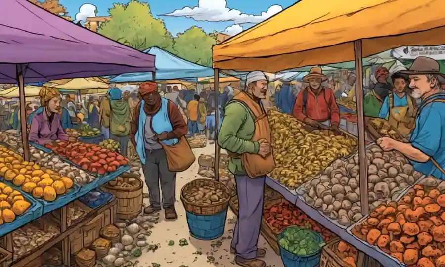 Una vibrante escena del mercado que muestra hongos, representando el patrimonio cultural y las tradiciones comunitarias.