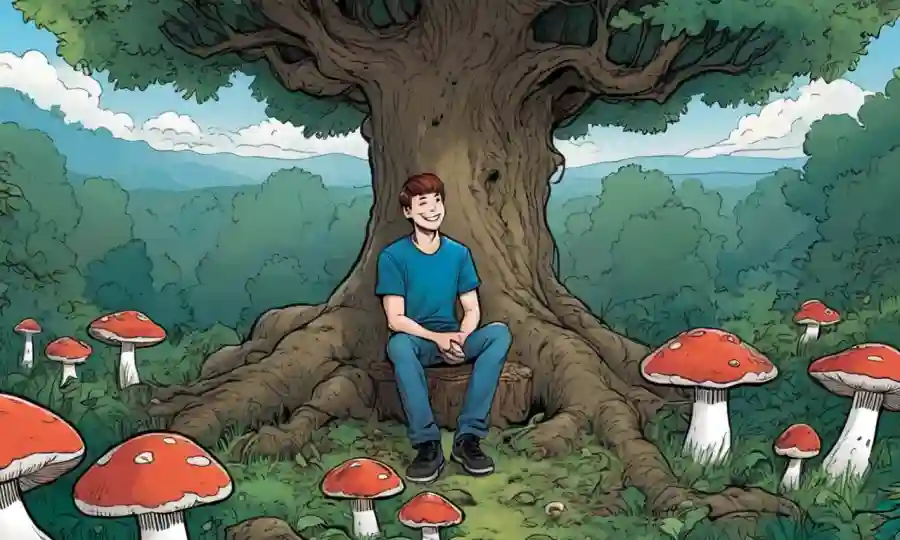 Una persona sentada en la naturaleza, rodeada de hongos y un árbol, con una sonrisa sutil.