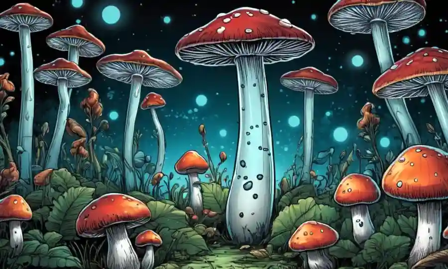 Ilustraciones científicas de hongos rodeados de tubos y símbolos brillantes de prueba médica.
