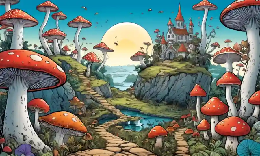 Un paisaje surrealista con hongos como símbolos místicos de diversas culturas y mitologías.