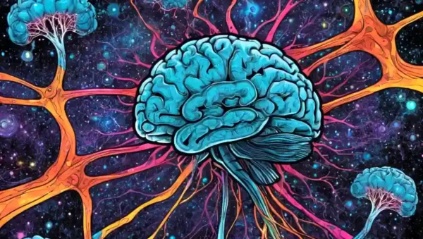 neuronas cerebrales que forman conexiones entre patrones psicodélicos