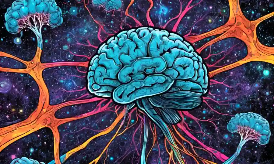 neuronas cerebrales que forman conexiones entre patrones psicodélicos