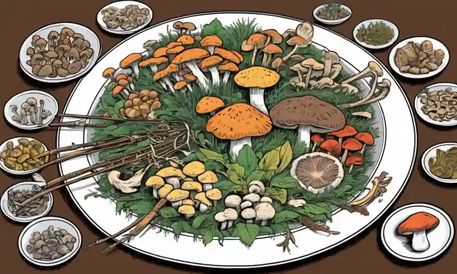 Un plato de varios hongos comestibles, con flechas apuntando a diferentes variedades y sus beneficios/riesgos.