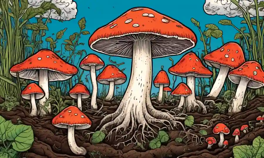 Setas creciendo en suelo, con ilustraciones de cultivos y raíces, rodeadas de texto sobre relaciones simbióticas.