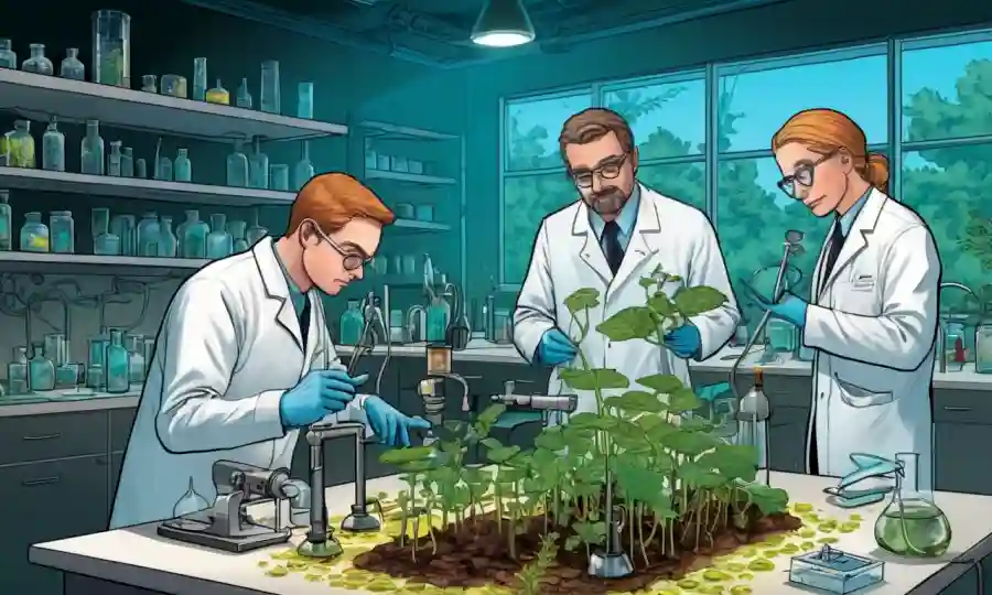 Científicos que estudian plantas con conexiones de hongos en un laboratorio.