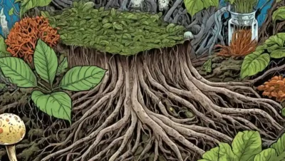 Una ilustración científica de las raíces vegetales rodeada de microorganismos.
