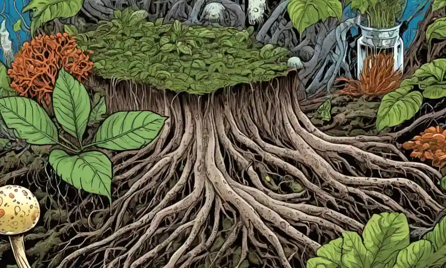 Una ilustración científica de las raíces vegetales rodeada de microorganismos.