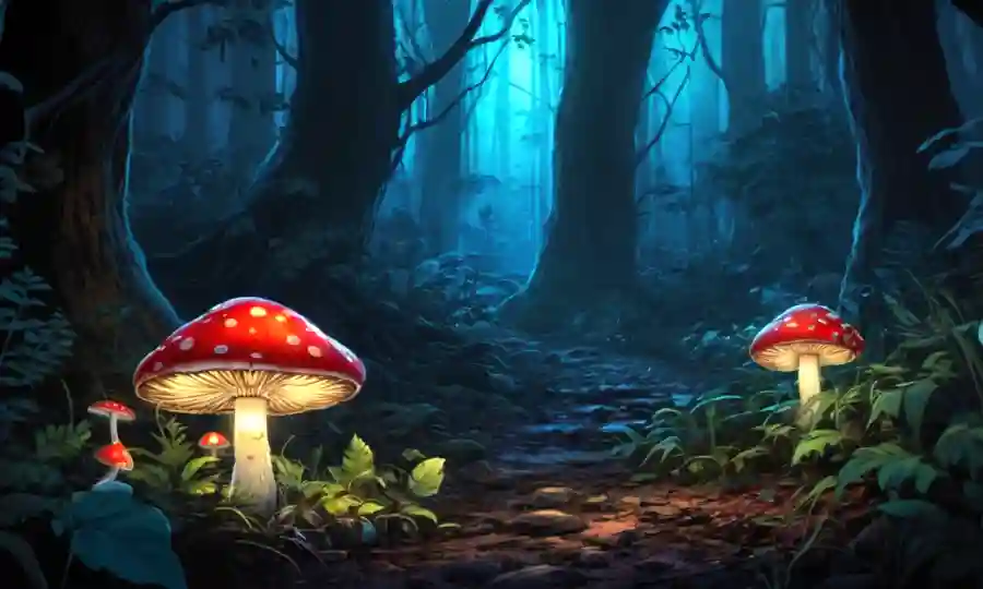 Una gorra de hongos brillantes iluminando el suelo oscuro del bosque en medio de follaje vibrante.