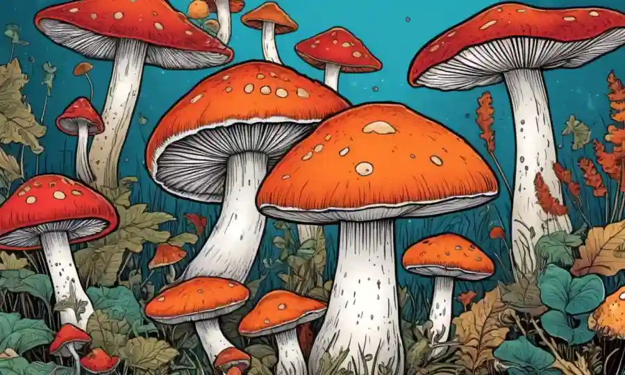 Una especie de hongo colorida rodeada de ilustraciones de hongos peculiares y curiosos.