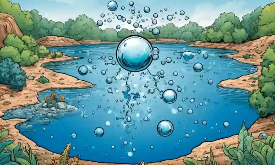 molécula de agua en el centro de varios ecosistemas acuáticos, destacando su papel esencial en las relaciones simbióticas.