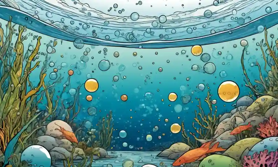 Vista microscópica de ecosistemas microbianos interconectados que prosperan en ambientes acuáticos, con burbujas y ondas alrededor.