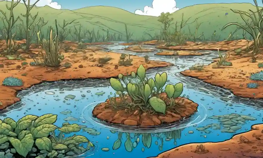Ilustraciones de interacciones simbióticas entre plantas de almacenamiento de agua y microorganismos en tierra seca.
