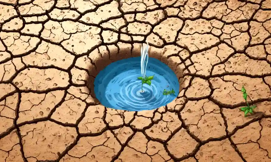 Las gotas de agua en medio de la vida vegetal y del suelo, simbolizando el delicado equilibrio de los impactos de la escasez de agua.