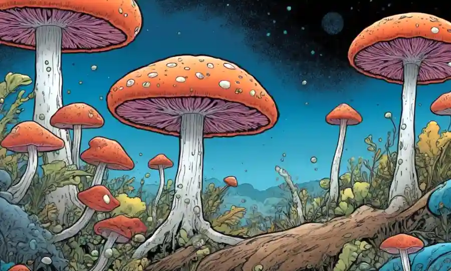Tejidos microscópicos de hongos interactuando con entornos circundantes.