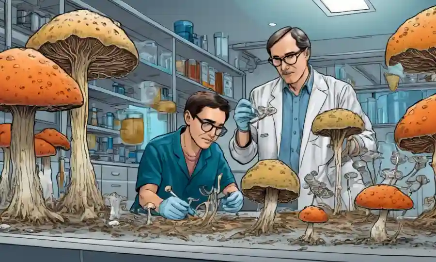 Fungi mycelium structures and researchers examining samples in a lab.