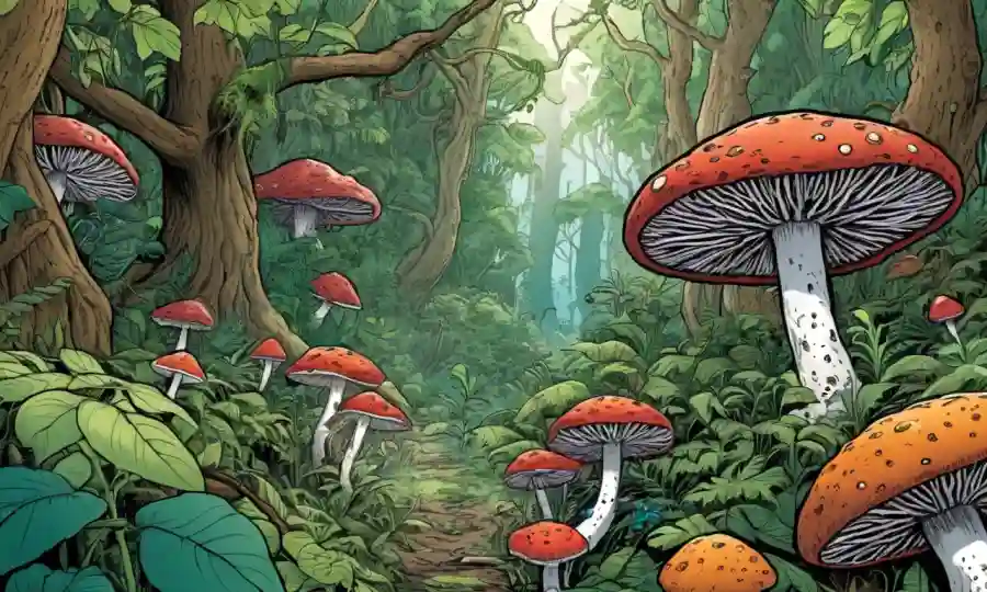 Imagen mostrando varias especies fúngicas en medio de vegetación exuberante
