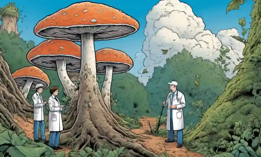 Crecimiento de hongos en la piel humana o en la naturaleza, con profesionales médicos observando.