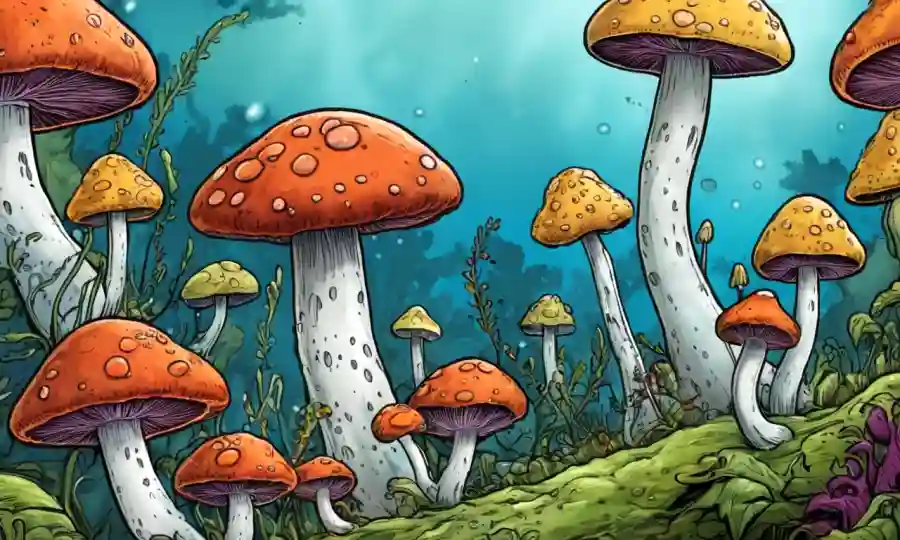 Una escena de simbiosis con hongos coloridos y organismos microscópicos.