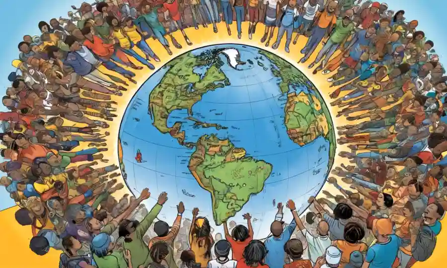 Globe rodeado de gente entrelazada de diversas culturas y orígenes.