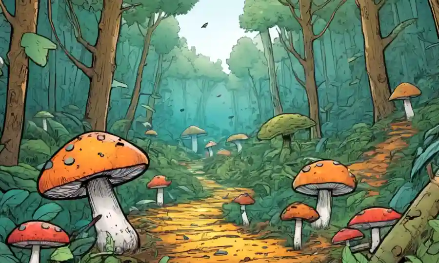 Un bosque lleno de hongos con flechas de reciclaje alrededor de elementos ecológicos.