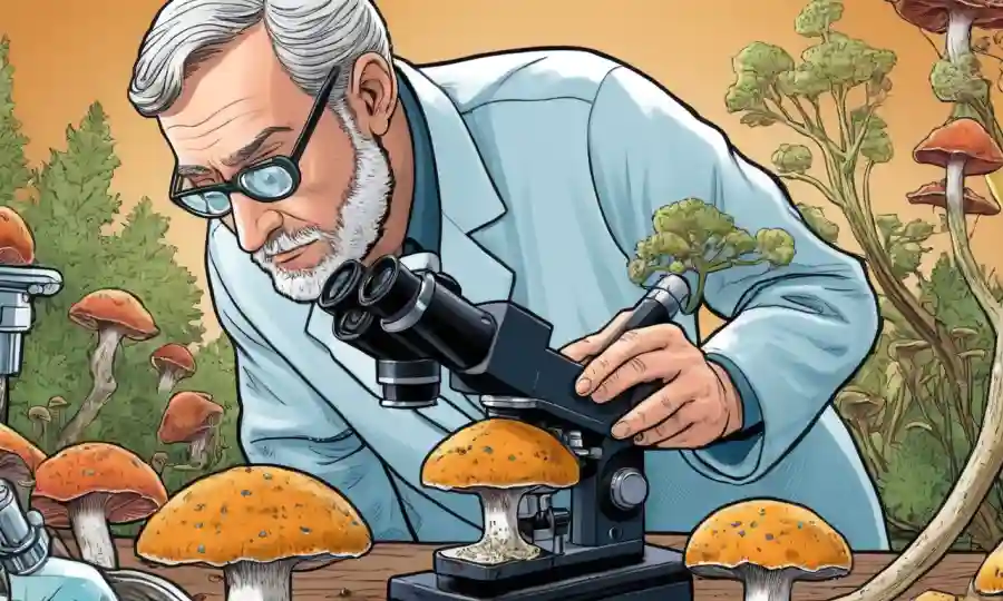 Científico examinando muestras de hongos bajo un microscopio, destacando la importancia de la identificación de especies.