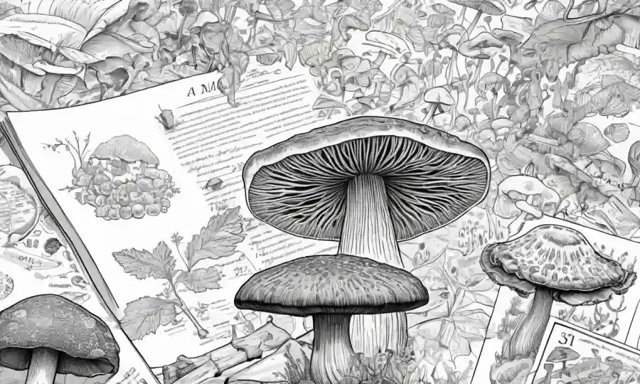 Una ilustración de especies de hongos rodeada de notas y papeles científicos.
