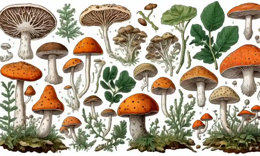Imagen microscópica de varias especies de hongos junto a ilustraciones botánicas.