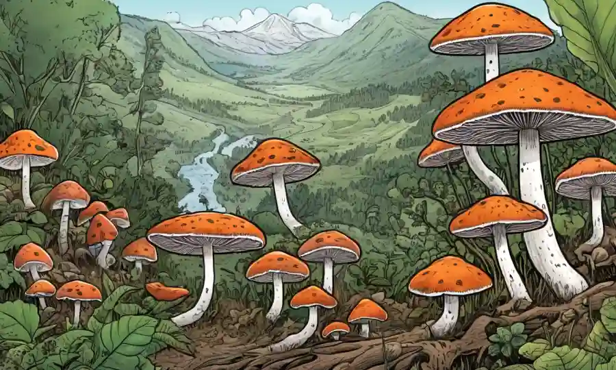 Las ilustraciones de especies de hongos con datos científicos que los rodean.