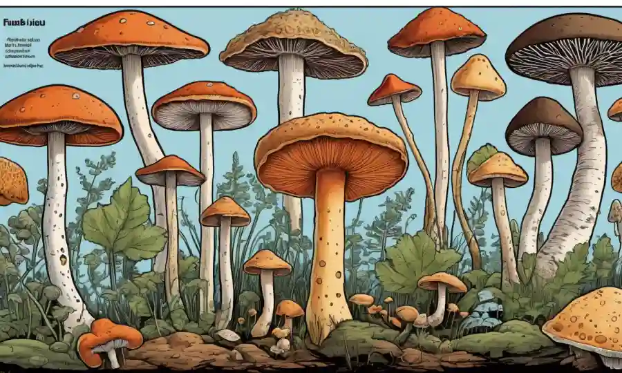 Una imagen de cerca de diferentes tipos de hongos con etiquetado describiendo métodos de identificación.