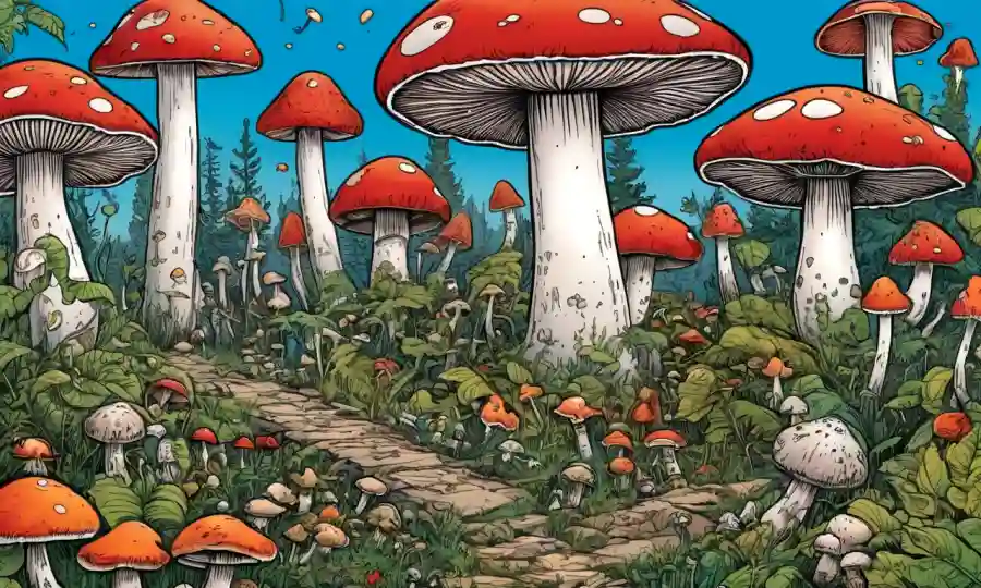Un grupo de hongos rodeado de elementos de la sociedad humana en un fondo que representa la ecología.