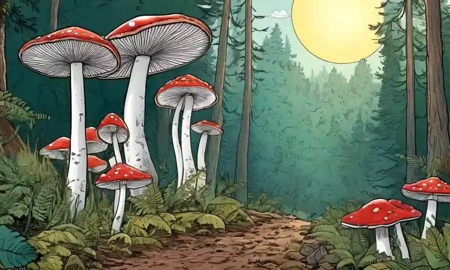 Setas creciendo en bosque con ilustraciones y diagramas explicando su papel ecológico.