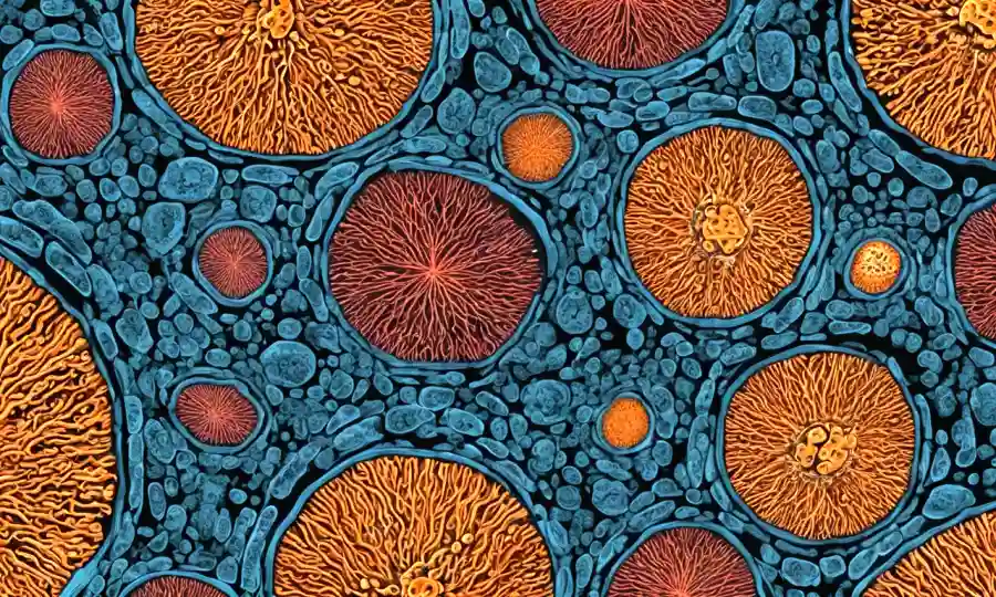Una vista microscópica de células fúngicas que se dividen a través de esporas.
