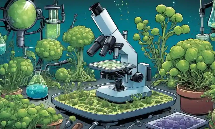 Un microscopio o un laboratorio con estructuras celulares relevantes para las etapas iniciales del desarrollo de esporofitos vegetales.