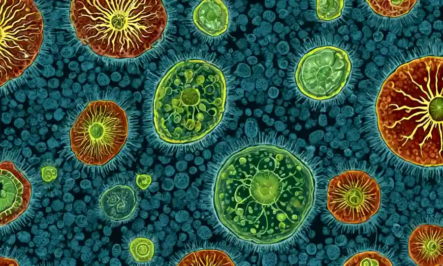 Imágenes microscópicas de diferentes células vegetales sometidas a formación de esporas.