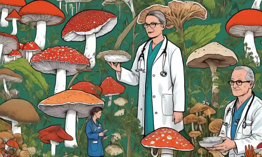 Collage de varios hongos junto a profesionales de la salud en entornos clínicos y prácticas curativas tradicionales.