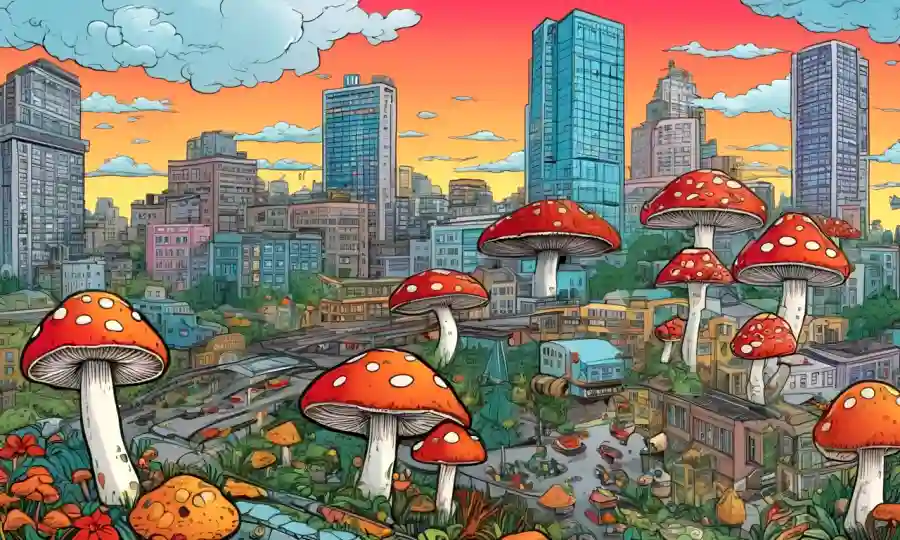Especies de hongos vibrantes mezcladas en un paisaje urbano con prácticas de medicina tradicional y símbolos de salud modernos.