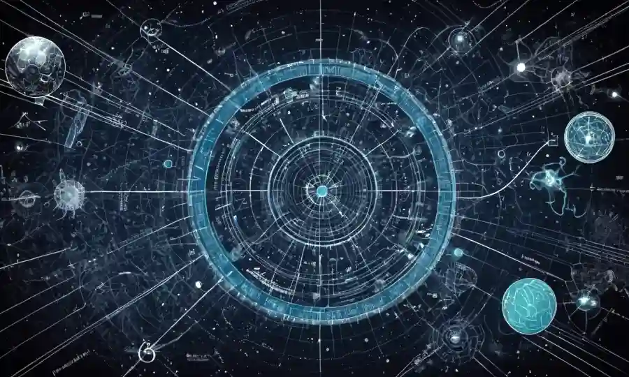 Una mezcla borrosa de diagramas e ilustraciones científicas rodeada de líneas de conexión.