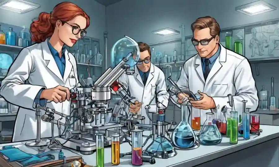 Científicos de diferentes campos colaborando en un laboratorio con diversos equipos.