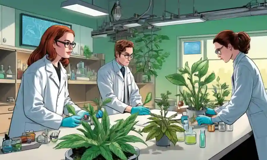 Investigadores de diversos campos colaborando en un banco de laboratorio con especímenes vegetales.