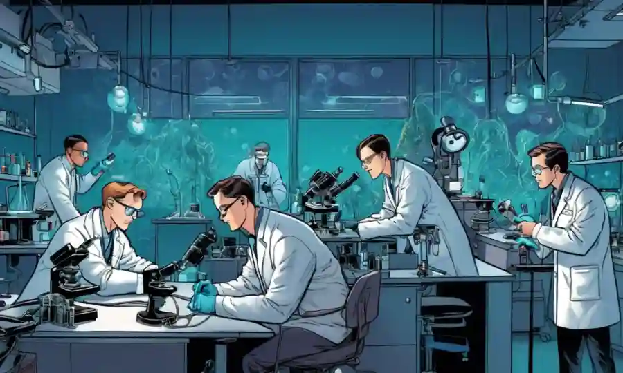 Investigadores científicos de diferentes campos colaborando en un laboratorio con microscopios y computadoras.