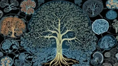Un árbol filogenético superpuesto sobre imágenes microscópicas de hongos en una pantalla de computadora.