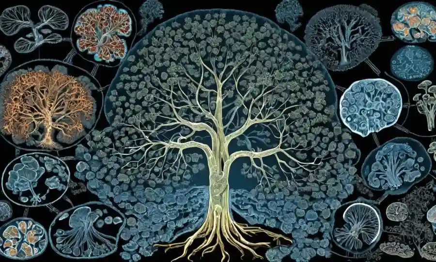 Un árbol filogenético superpuesto sobre imágenes microscópicas de hongos en una pantalla de computadora.