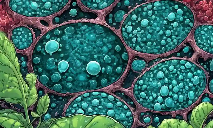 Una imagen futurista que combina células vegetales y microorganismos en una relación simbiótica.