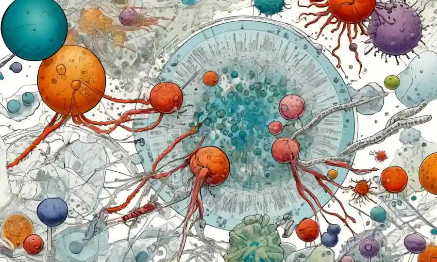 Ilustraciones de microorganismos y humanos interactuando, rodeado de diagramas científicos y gráficos de datos.