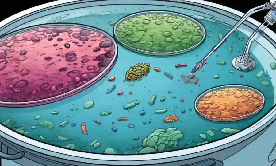 Microorganismos que viven juntos en un plato de petri con equipo de laboratorio.