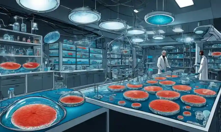 Redes de micelio en platos petri rodeados de equipos de laboratorio futuristas.