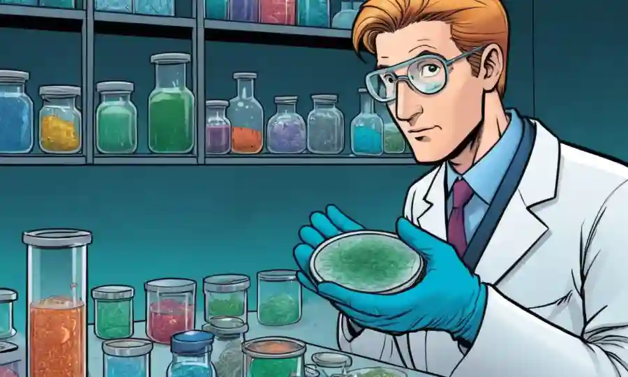 El científico con guantes sostiene un plato de petri que contiene microorganismos extraños en un entorno de laboratorio.