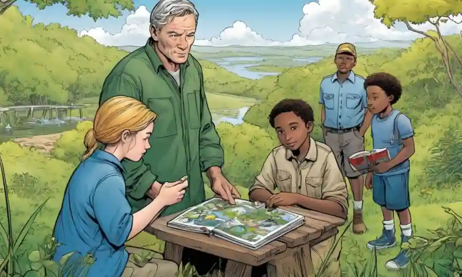 Personas de diferentes orígenes que exploran modelos educativos en entornos temáticos de la naturaleza.