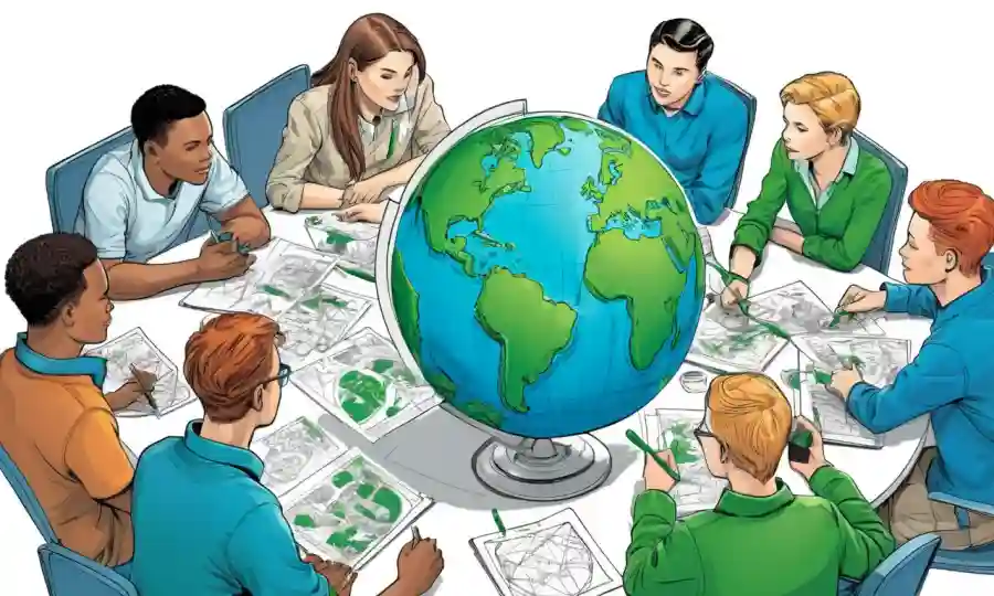 Un grupo de estudiantes sentados alrededor de un modelo de planeta Tierra verde, diagramas de corteza y dibujo con marcadores de aspecto futurista.